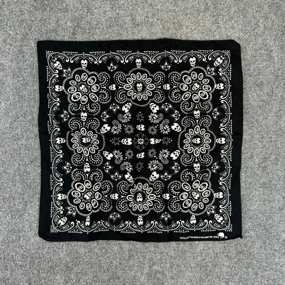 Vintage Style Skull Paisley Bandana Black White 100% Cotton Biker Headwrap